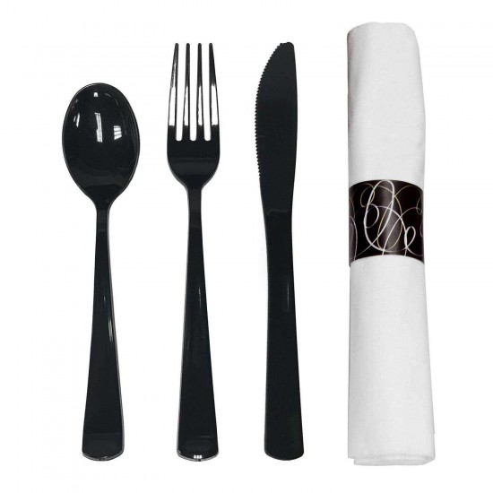 Custom OEM Black Ps Plastic fork and spoon knife disposable Individually Package napkin and cutlery set for restaurant