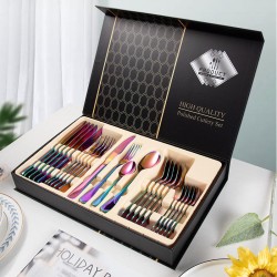 OEM ODM Logo Restaurant Gift Flatware 24 Pcs Gold Rose Black rainbow Spoon Fork Knife Cutlery Besteck Set with Box