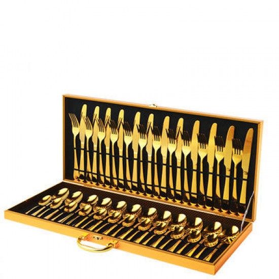 Wholesale 48PCS Flatware With Wooden Box Gold Knife Fork Spoon Set Silverware Stainless Steel Kitchen Restaurants Cutlery Set