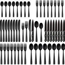 Black Flatware Set for 8 Stainless Steel Tableware Cutlery Set 48-Piece Matte Black Silverware Set with Steak Knives