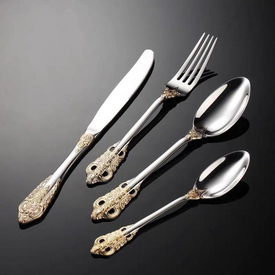 Luxury Stainless Steel Knife Fork Spoon Tableware Set Wedding Gold Silverware Palace Flatware