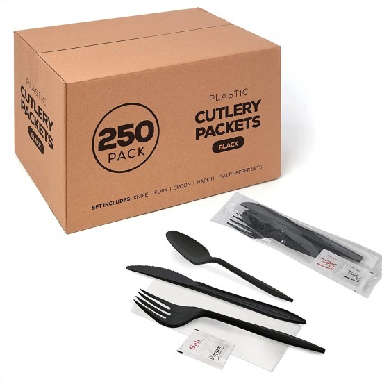 250 Plastic Cutlery Packets - Knife Fork Spoon Napkin Salt Pepper Sets, White Individually Wrapped Cutlery Kits