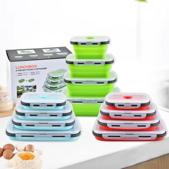 Custom Set of 4 Collapsible Food Storage Containers With Lids,Collapsible Bowls for Camping,Silicone Lunch Box Food Containers