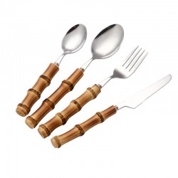 Reusable Natural Bamboo Handle Flatware Silverware Knife Fork Spoon 304 Stainless Steel Cutlery Set with Bamboo Handle