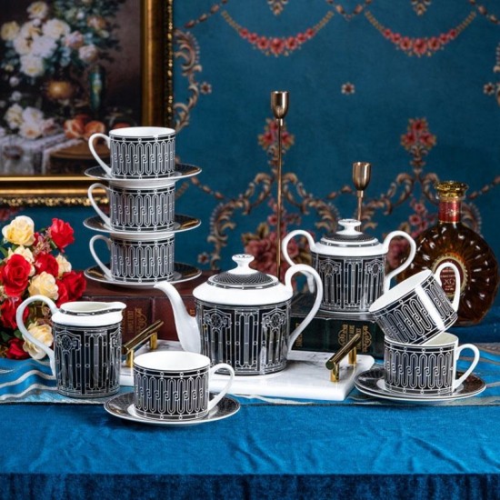 New Designs Luxury Black Stripes Deco Ceramic Coffee Tea Cup Set Fine Bone China Coffee Set