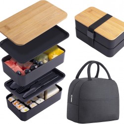 Japanese Bamboo Bento Box with Compartments and Utensils Stackable Bento Box with Bag