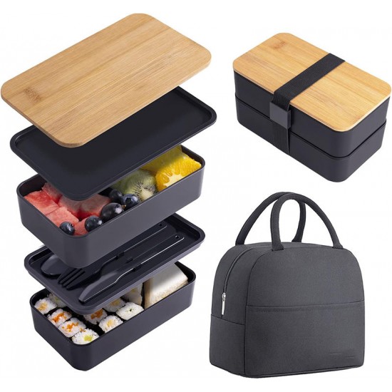 Japanese Bamboo Bento Box with Compartments and Utensils Stackable Bento Box with Bag