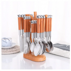 Hot Selling Wooden Handle Stainless Steel Flatware Set Knife Serve Fork Spoon Portable 24pcs Dinnerware Tableware Set With Rack