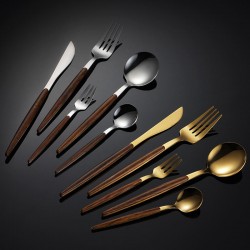 Luxury Portable Wood Handle Gold Silver Stainless Steel Tableware Flatware Silverware Fork Spoon Knife Cutlery Box Set