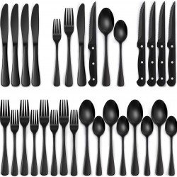 24-Piece Black Silverware Set Steak Knives Tableware Cutlery 4 Food-Grade Stainless Steel Utensils Mirror Finished Flatware Home