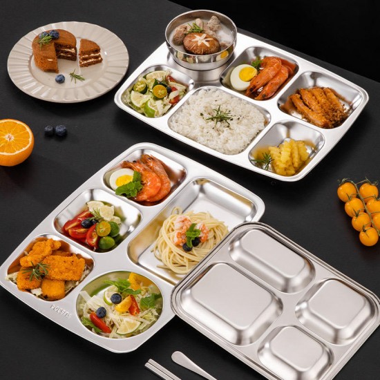 Factory Stainless steel 201 304 material 5 compartment divided fast food tray dinner plate bento lunch box with lid