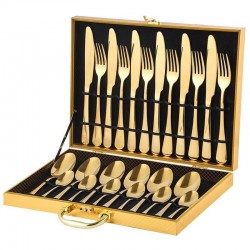 Wholesale 24pcs Gold Stainless Steel Cutlery Set Disposable and Sustainable Metal Spoon Fork Knife Teaspoon With Wooden Box