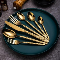 New Reusable Stone Pattern Handle Stainless Steel Flatware Knife Fork Spoon Gold Silverware Restaurant Cutlery Set